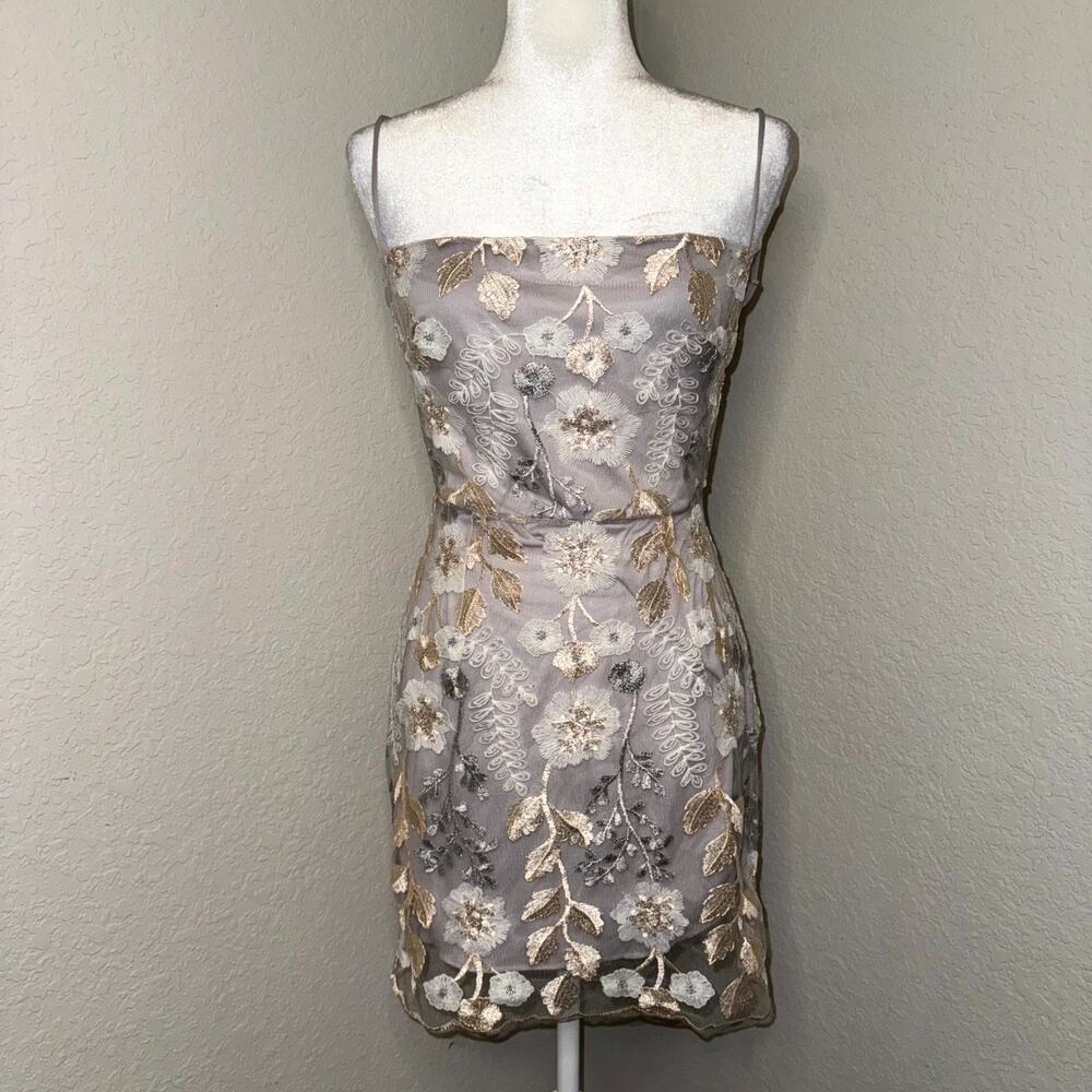 Lucy In The Sky Mini Dress Women's M‎ Purple Gold Floral Mesh Overlay Coquette